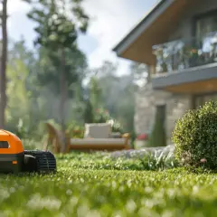 Pomarańczowy robot koszący trawę pracuje w słoneczny dzień, dbając o idealny wygląd ogrodu przy nowoczesnym domu.