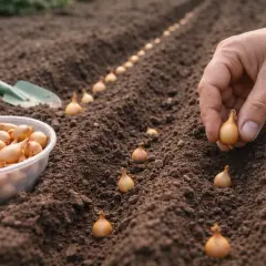 Ręka sadzi cebulki w rzędzie na wiosnę. W misce obok leżą kolejne cebulki, gotowe do sadzenia.
