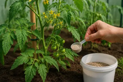 Ręka dozuje nawóz do pomidorów. Prawidłowe wapnovit turbo dawkowanie zapewni zdrowe pomidory.