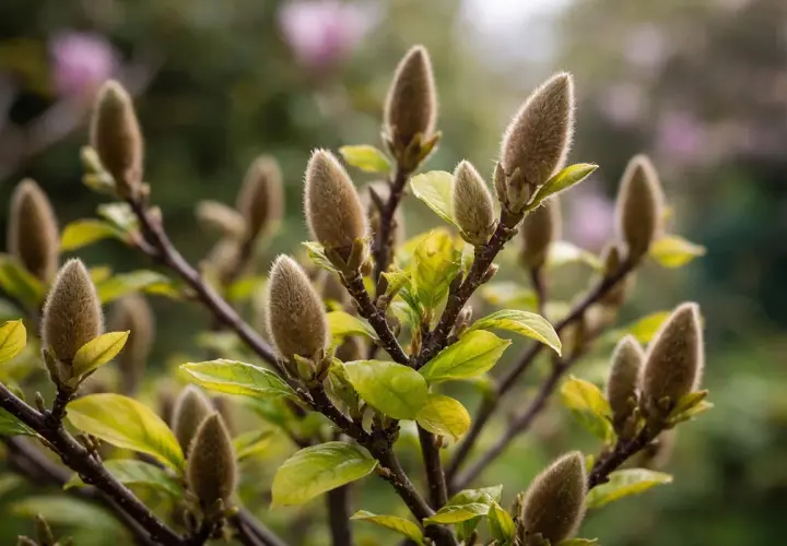 Puszyste pąki magnolii po przekwitnięciu, z zielonymi liśćmi i rozmytym tłem.