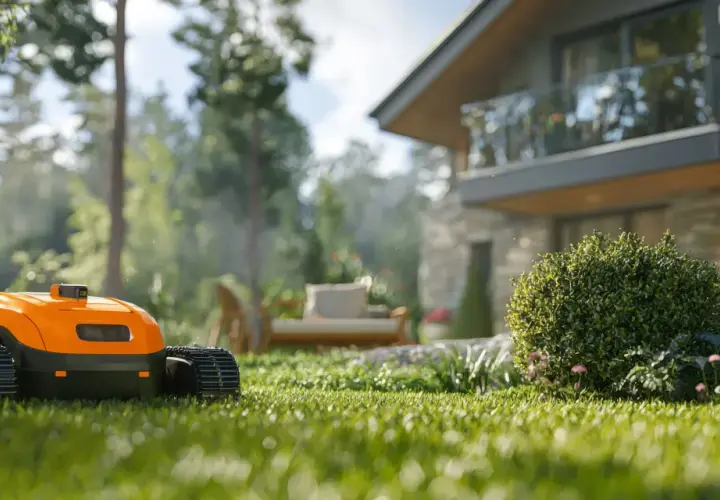 Pomarańczowy robot koszący trawę pracuje w słoneczny dzień, dbając o idealny wygląd ogrodu przy nowoczesnym domu.