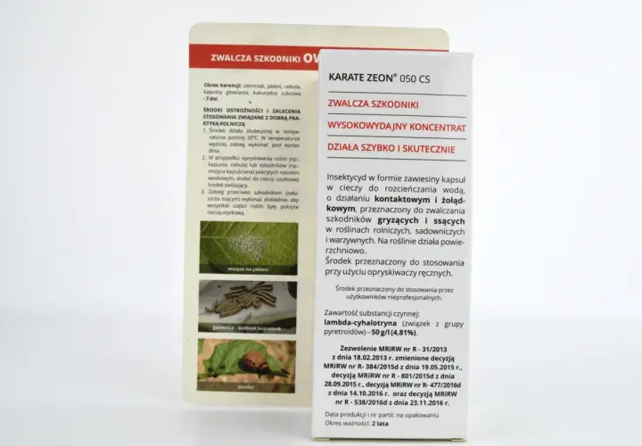Karate Zeon 050 CS dawkowanie: insektycyd na gryzące i ssące szkodniki. Stosować opryskiwaczem ręcznym. Zwalcza mszyce, gąsienice, stonkę.