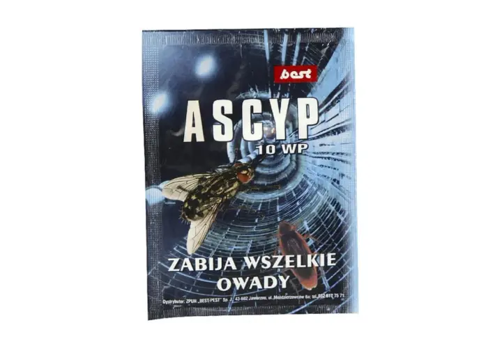Opakowanie środka ASCYP z muchą i karaluchem. Skutecznie zwalcza owady.