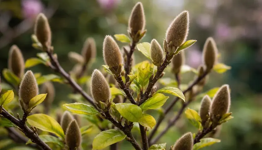Puszyste pąki magnolii po przekwitnięciu, z zielonymi liśćmi i rozmytym tłem.