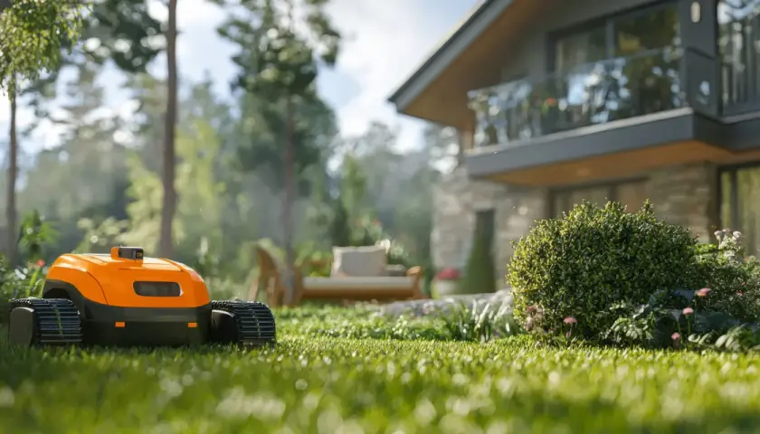 Pomarańczowy robot koszący trawę pracuje w słoneczny dzień, dbając o idealny wygląd ogrodu przy nowoczesnym domu.