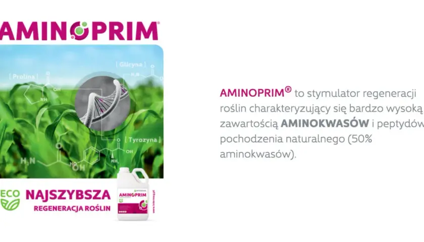 Aminoprim – stymulator regeneracji roślin z wysoką zawartością aminokwasów. Grafika przedstawia wzory chemiczne aminokwasów i DNA.