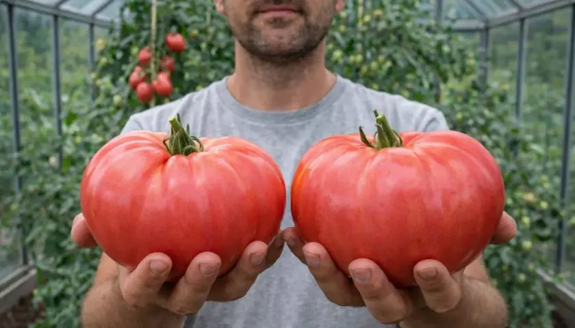Mężczyzna trzyma dwa gigantyczne, różowe pomidory. W szklarni widać wiele innych odmian pomidorów.