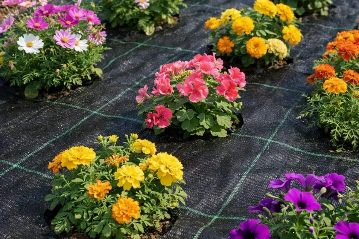 Kolorowe kwiaty w doniczkach na czarnej biowłókninie. Różowe, białe, żółte, pomarańczowe i fioletowe kwiaty tworzą barwną kompozycję.
