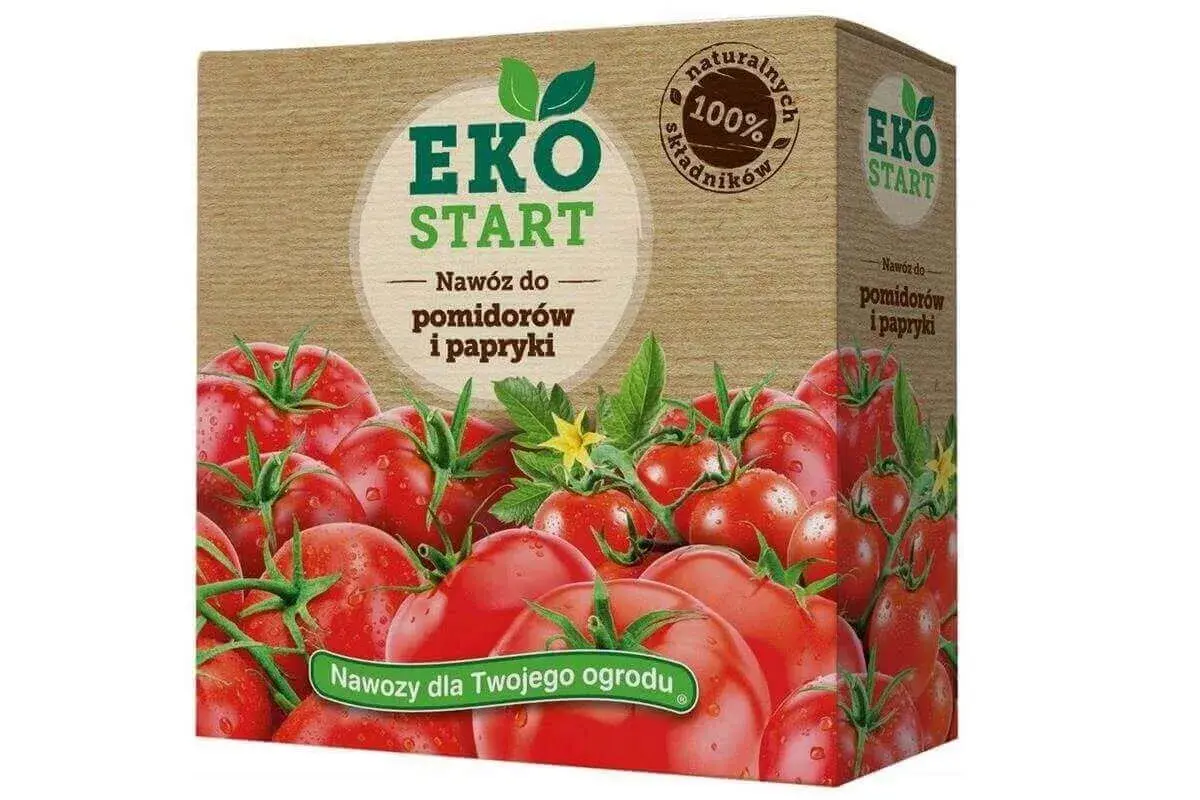 Opakowanie nawozu "EKO START" do pomidorów i papryki, z soczystymi pomidorami na pierwszym planie. Szukasz informacji, jaki nawóz do pomidorów forum poleca?