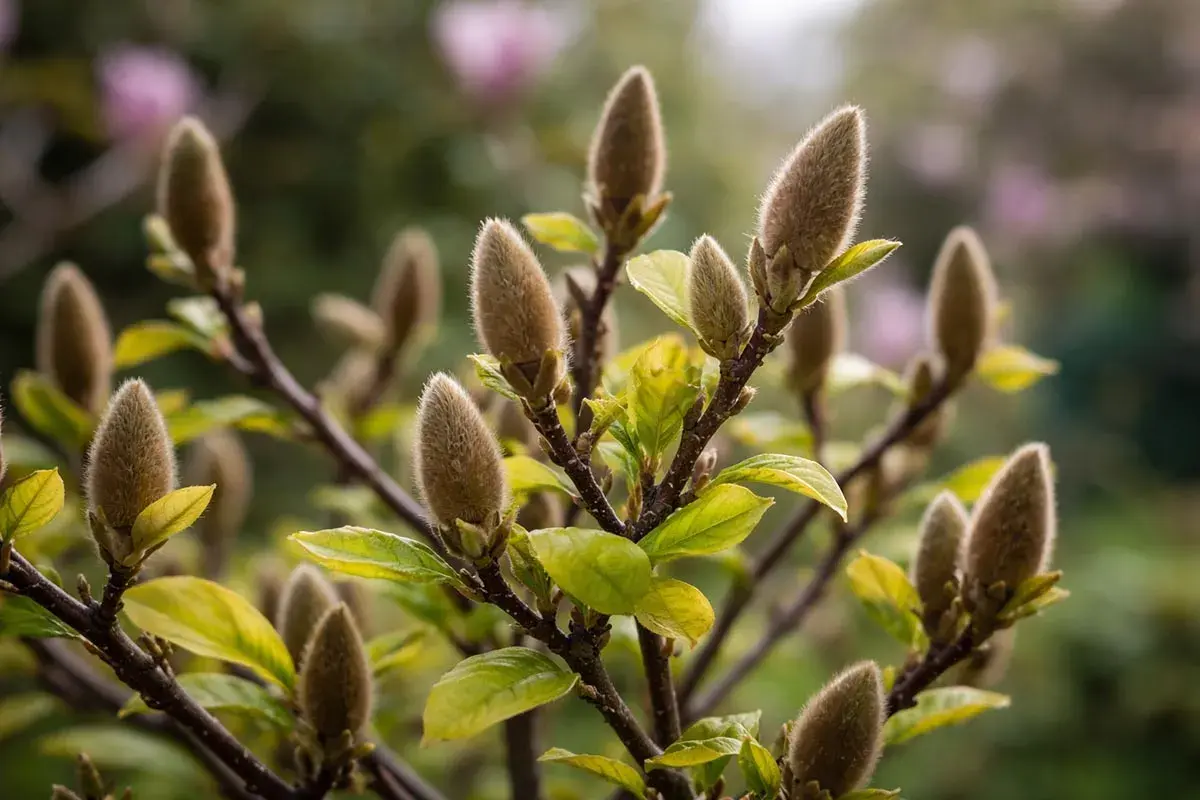 Puszyste pąki magnolii po przekwitnięciu, z zielonymi liśćmi i rozmytym tłem.