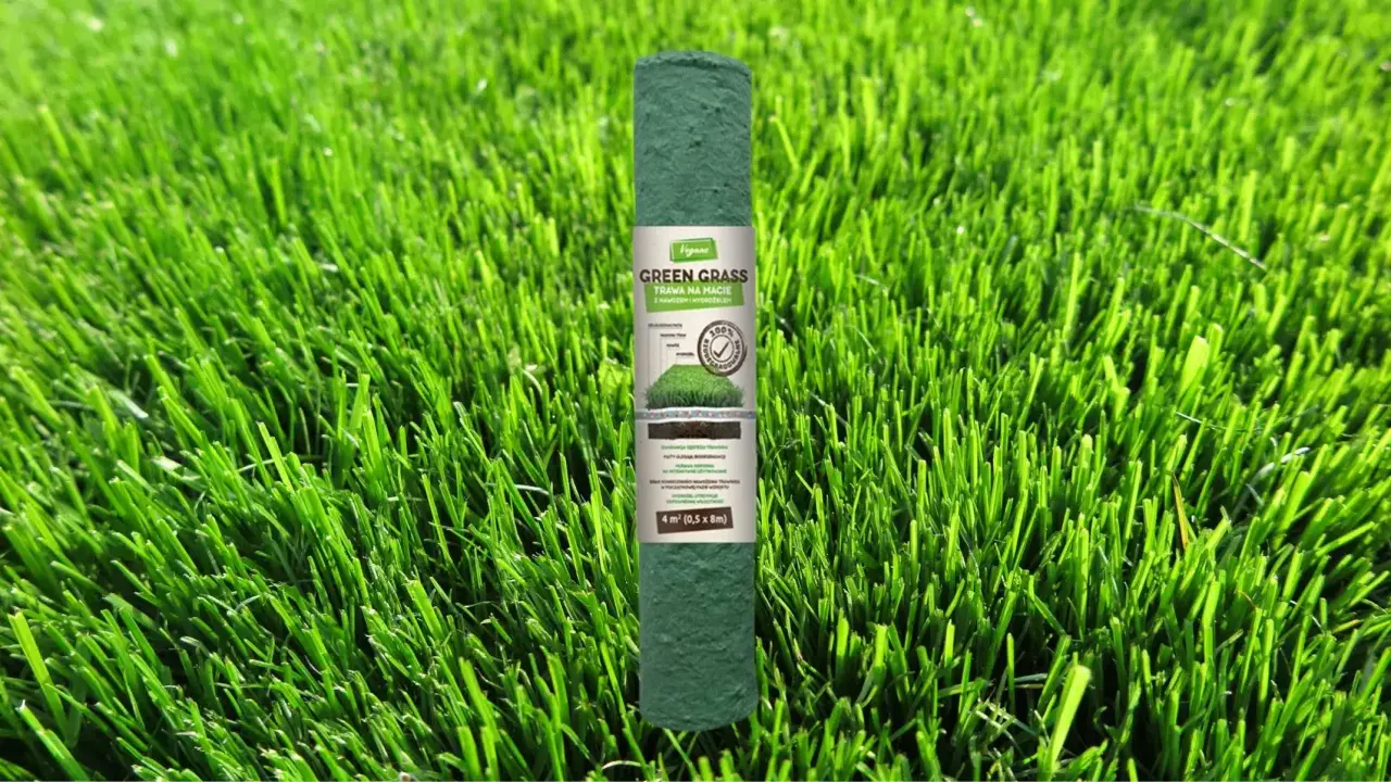 Rolka trawy gazonowej "Green Grass" na macie z nawozem i hydrożelem. Idealna do szybkiego zazielenienia ogrodu.