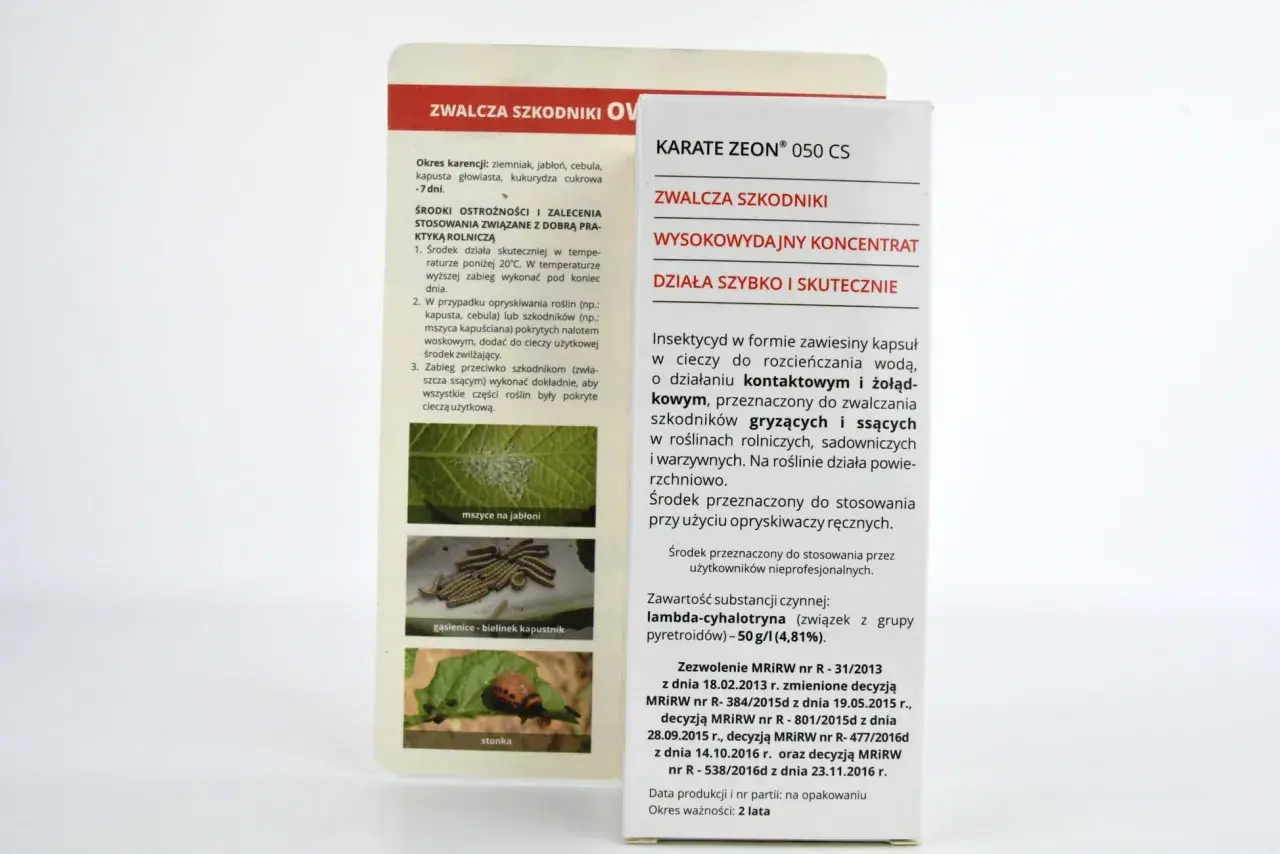 Karate Zeon 050 CS dawkowanie: insektycyd na gryzące i ssące szkodniki. Stosować opryskiwaczem ręcznym. Zwalcza mszyce, gąsienice, stonkę.