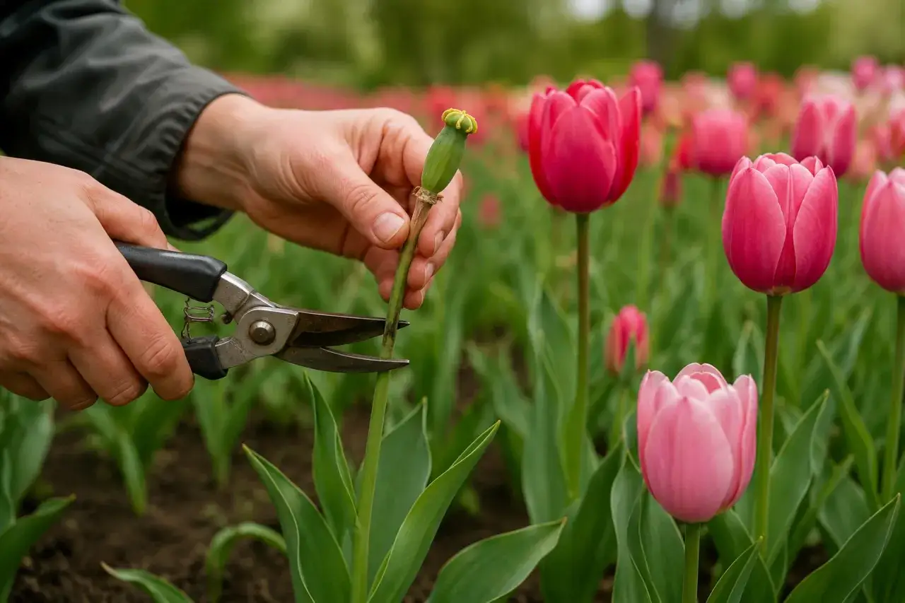 Ręce przycinają łodygę z nasionami, gdy w tle kwitną różowe tulipany po przekwitnięciu.