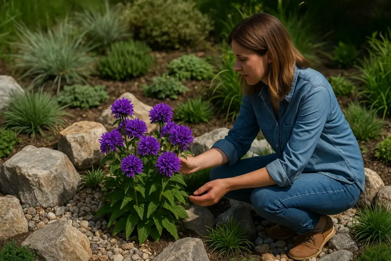 Kobieta w dżinsowej koszuli podziwia fioletowe kwiaty dzwonka. Nawet campanula po przekwitnięciu zachwyca formą.