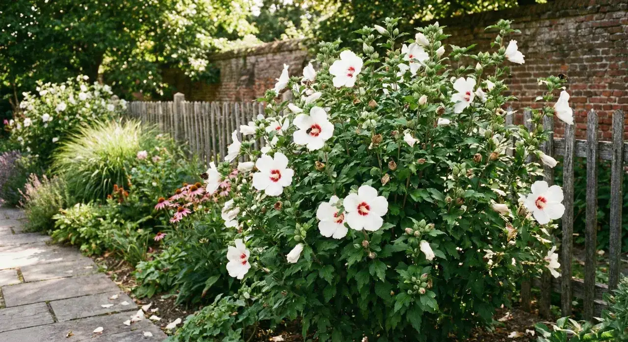 Białe kwiaty hibiskusa z czerwonymi środkami kwitną latem, przyciągając pszczoły. Krzew ozdabia ogród z kamienną ścieżką i drewnianym płotem.