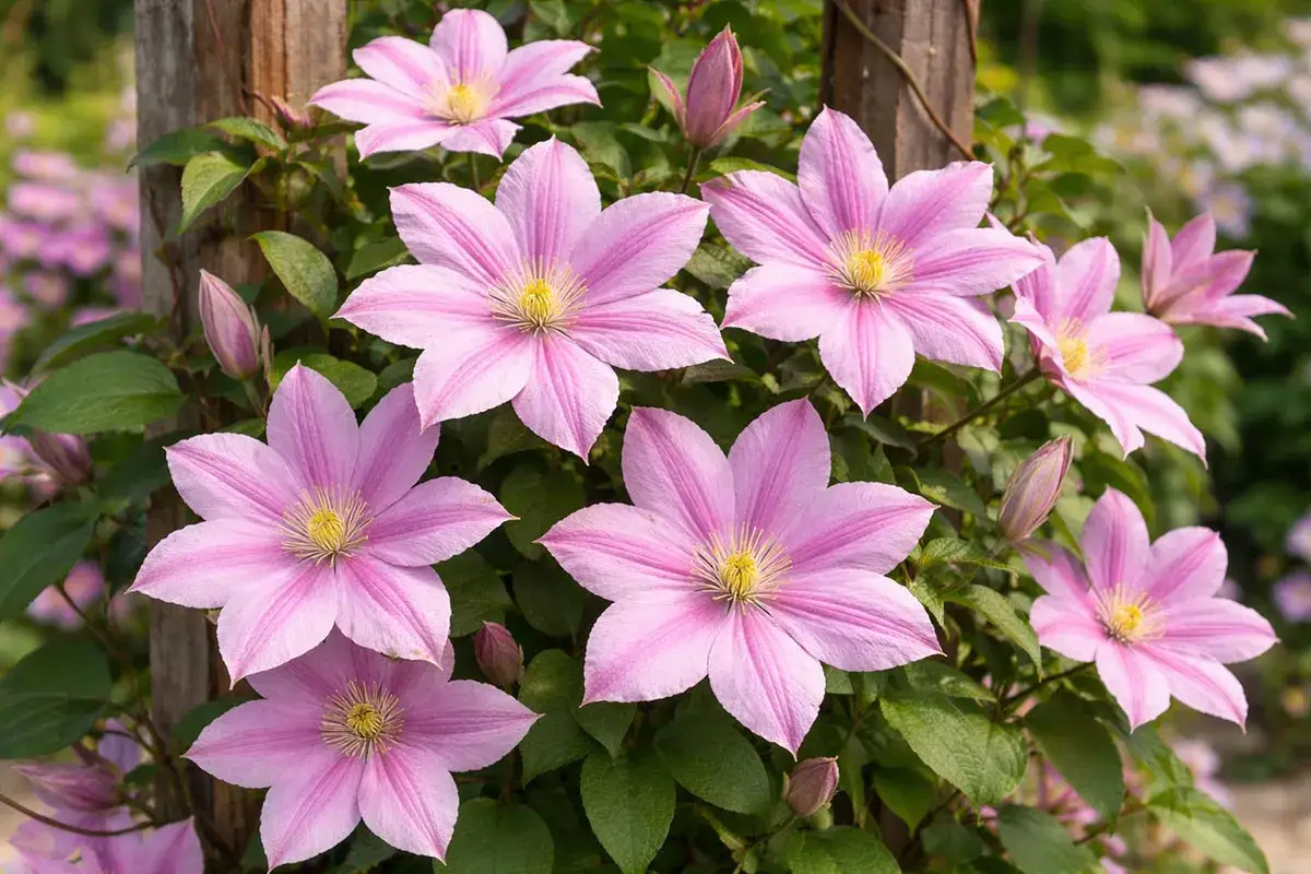Różowe powojniki kwitną obficie, tworząc piękny widok. Ich clematis uprawa jest satysfakcjonująca, gdy widzisz takie rezultaty.