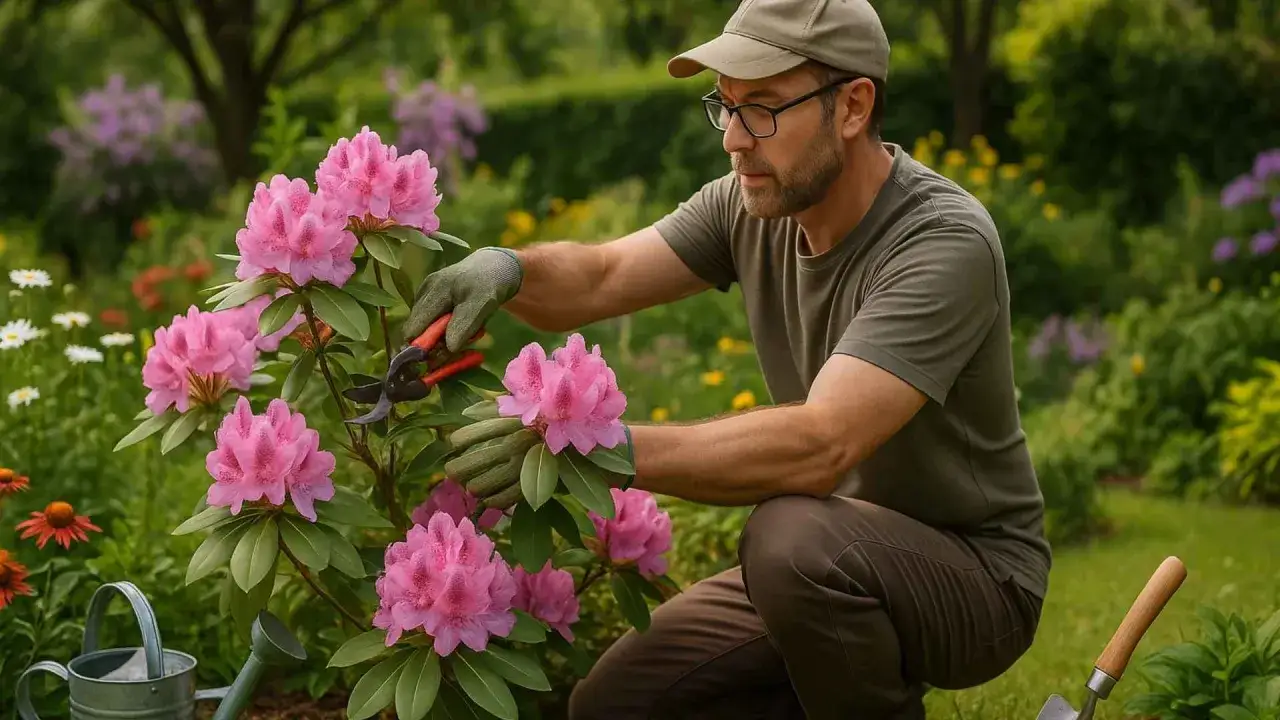 Mężczyzna w okularach i czapce przycina kwitnący rododendron. W tle ogród z innymi kwiatami.