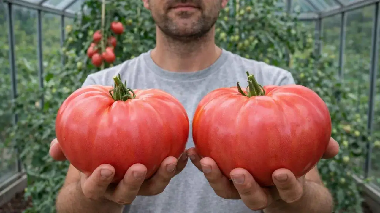 Dwie ogromne, różowe pomidory mięsiste odmiany, trzymane przez mężczyznę w szklarni.