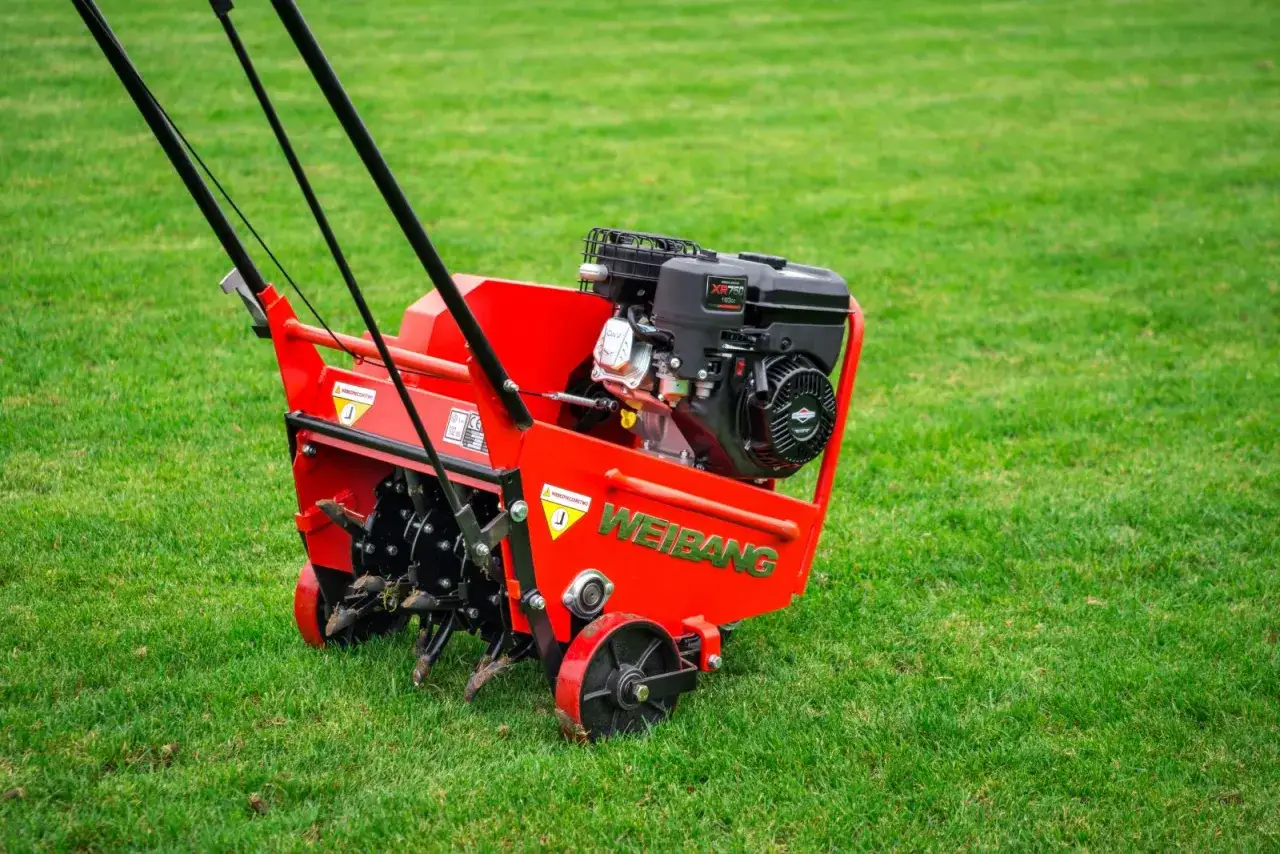 Czerwony aerator Weidemann na zielonej trawie. Idealny sprzęt, gdy aerować trawnik, by zapewnić mu zdrowe korzenie.